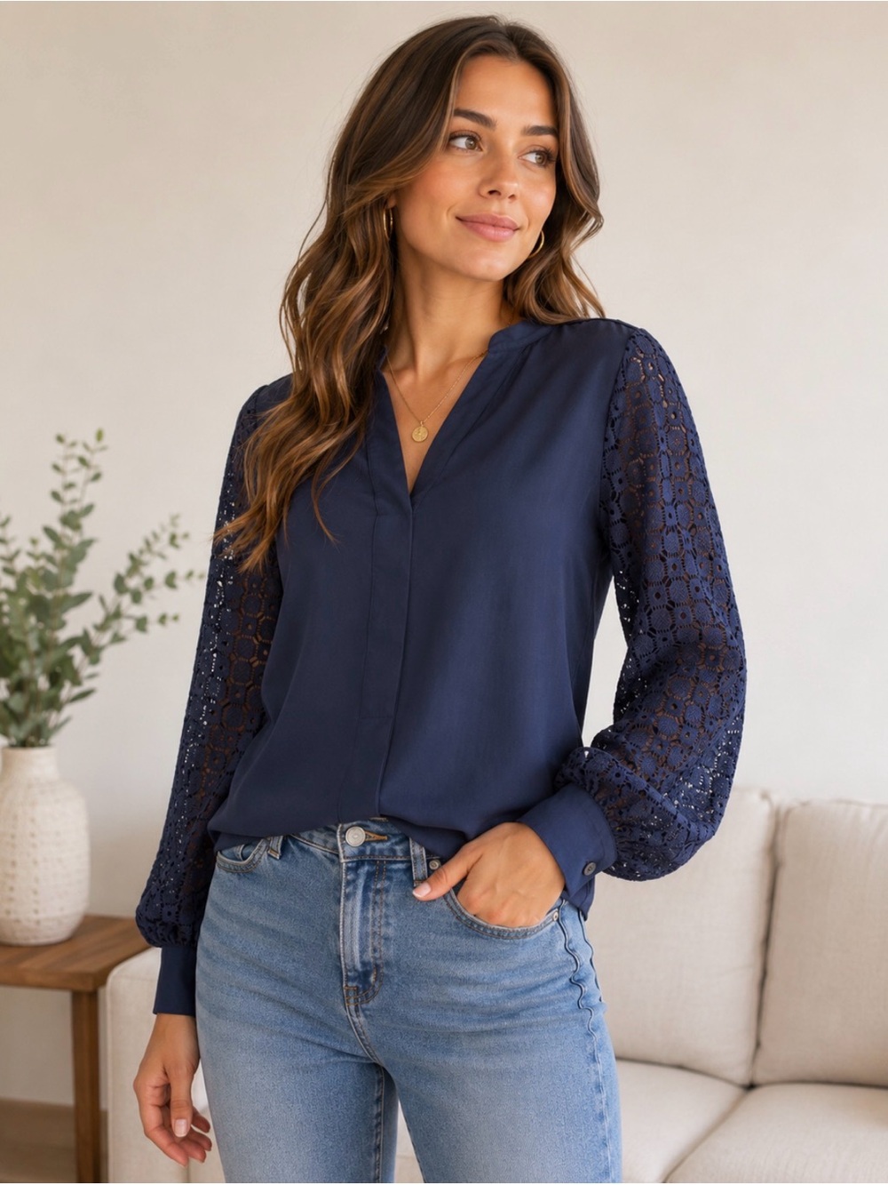 SHEIN Navy Lace-Sleeve V-Neck Blouse